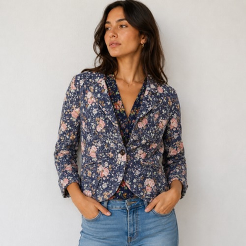 Daughters Of The Liberation Blazer Womens 12 Blue Floral Linen Crop Jacket